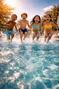 Happy diverse children jumping into swimming pool together, sunny resort summer fun scene, friendship and active joyful lifestyle concept.