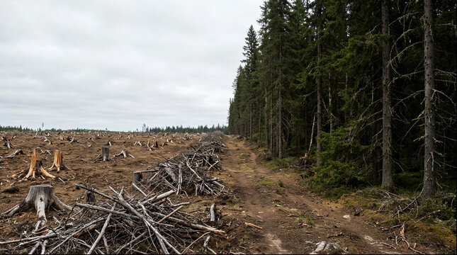 Clear cut logging site with tree stumps at coniferous forest edge