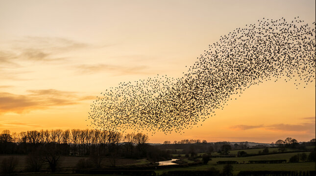Massive flock of starlings forming murmuration at orange sunset