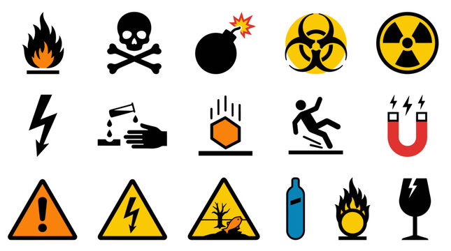 Vector Icons Set of warning and hazard safety signs and icons. Vector Illustrations. EPS Editable