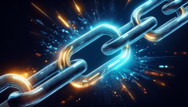 a glowing digital chain link shattering apart