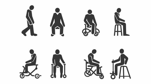 Silhouetted stick figures illustrate various forms of sitting and mobility aids