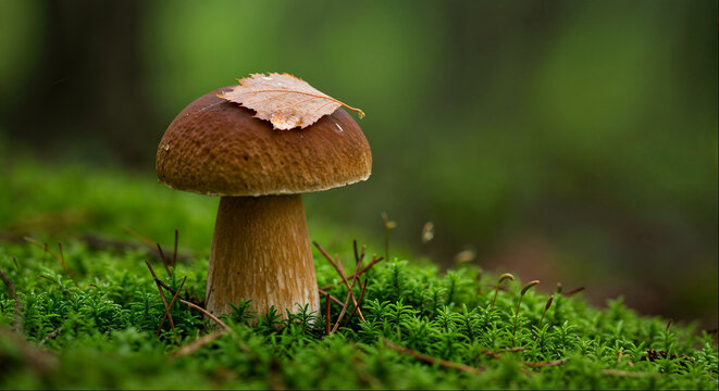 Porcini mushroom with fallen birch leaf on mossy green forest floor