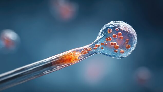 Microscopic view of a sperm cell fertilizing an egg cell in vitro.