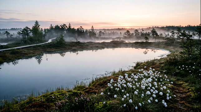 Small bog pond at dawn with cotton grass flowers by misty shore