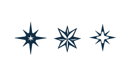 Fototapeta premium Three stylized star designs in navy blue on a clean white background. Various patterns