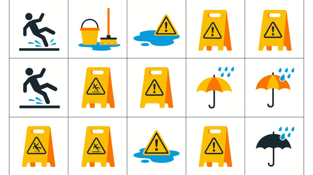 Vector Icons Set of warning signs for wet floors and rainy weather conditions. Vector Illustrations. EPS Editable
