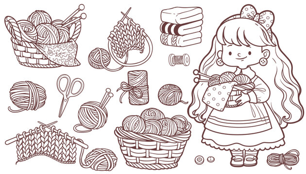 Cute cartoon girl with craft basket  and set of objects for needlework - yarn, knitting needles, scissors