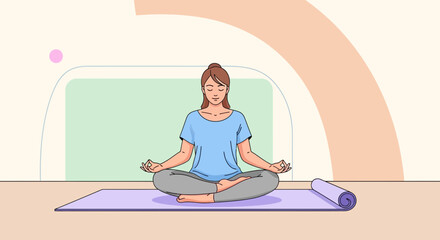 Obraz premium Woman Meditating in Lotus Pose on Yoga Mat, Peaceful Mind, Healthy Lifestyle
