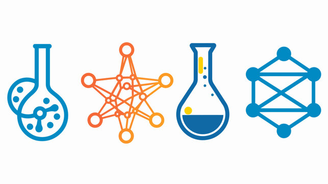 Four colorful illustrations of scientific and technological concepts. Abstract designs with beakers and network structures