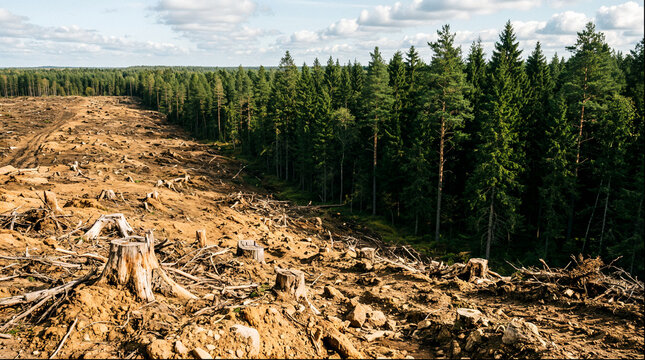 Deforested clearcut with tree stumps at edge of pine forest