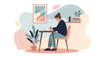 Fototapeta premium Woman writing at desk in cozy room with plants and abstract art