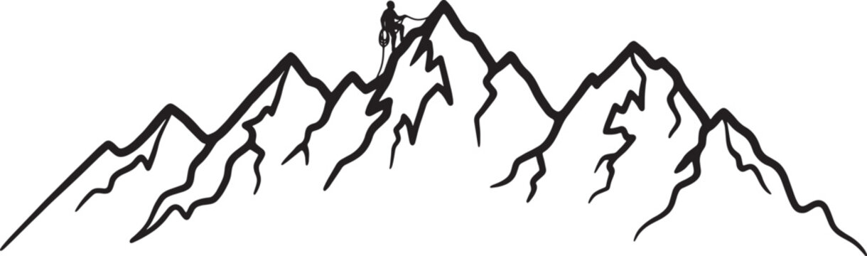 A solitary silhouette of a person climbing a rugged mountain peak in a stylized illustration