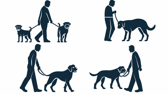 Silhouetted men walk dogs on leashes, various poses in a 2x2 grid