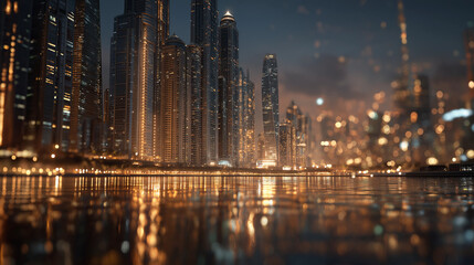 Fototapeta premium Cityscape at Twilight: A modern metropolis shimmers with the warm glow of twilight, its towering skyscrapers reflected in the calm waters. A cityscape of elegance and architectural innovation