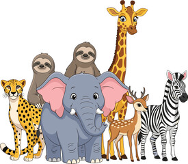 Fototapeta premium Cartoon wild animals group including elephant, giraffe, zebra, cheetah, sloth and deer illustration, safari wildlife collection for kids education design
