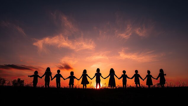 Silhouette of Diverse Children Holding Hands Against a Vibrant Sunset Sky.