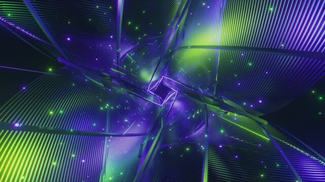 4K seamless green and lilac VJ loop with abstract high-tech polygonal tunnel and glowing light streaks for VJ sets, high-tech club visuals, music festivals, stage screens, LED video walls