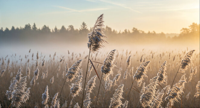 Frost covered tall reed grass in meadow at sunrise with winter haze