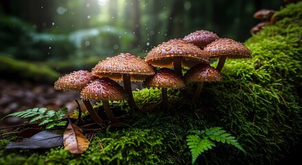 Fototapeta premium Macro shot of a cluster of brown wild mushrooms covered in dew on a green mossy fallen tree. Atmospheric forest background with soft lighting.