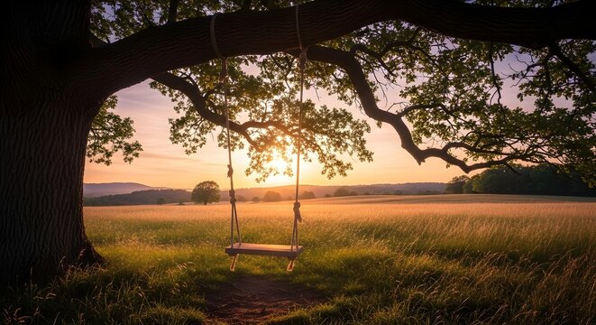 A wooden swing hanging by ropes from a sturdy tree branch overlooking a vast golden field during a warm sunset.