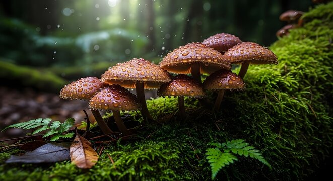 acro shot of a cluster of brown wild mushrooms covered in dew on a green mossy fallen tree. Atmospheric forest background with soft lighting.