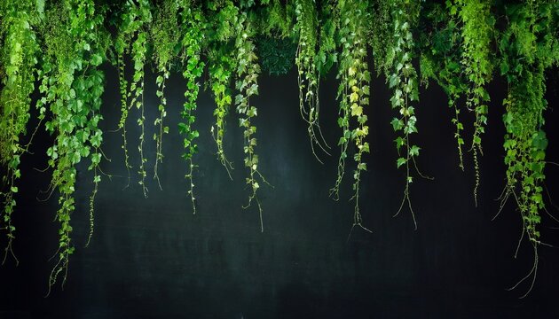 lush green hanging vines cascade against a dark background