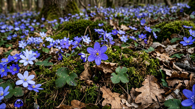 Blue liverwort flowers carpet forest floor among brown oak leaves