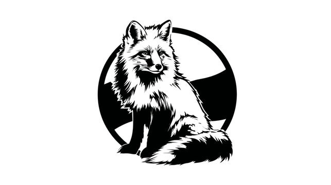 Graphic black and white image of a sitting fox inside a stylized circle shape