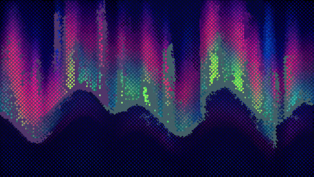 Abstract digital art featuring vibrant pixelated aurora borealis over dark silhouettes