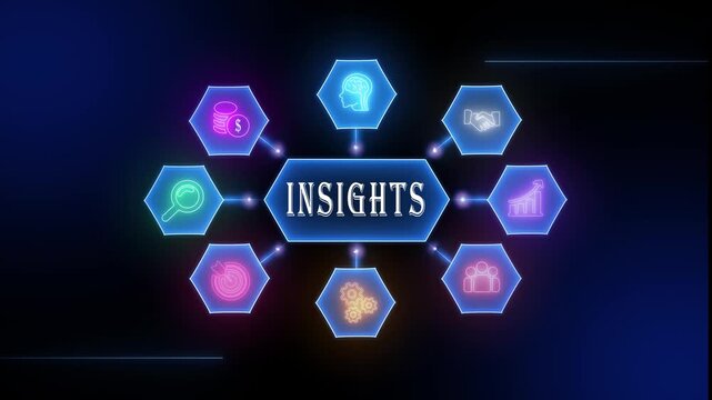   
Digital network of glowing neon icons representing business insights data analysis strategy growth teamwork finance and innovation on a dark blue background with connecting l