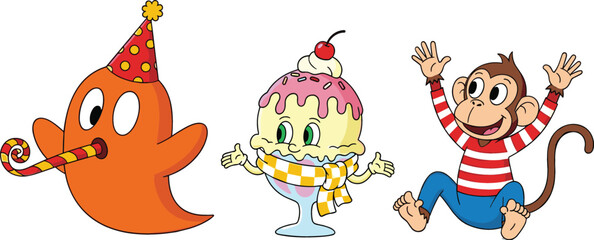 Cartoon party ghost, ice cream character and playful monkey illustration set, fun celebration and kids themed vector collection design © Jahangir