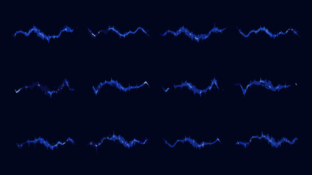 Abstract blue energy waves arranged in rows against a dark background