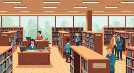 A brightly lit library scene depicts students studying librarians assisting and bookshelves filling the spacious room © Shakil