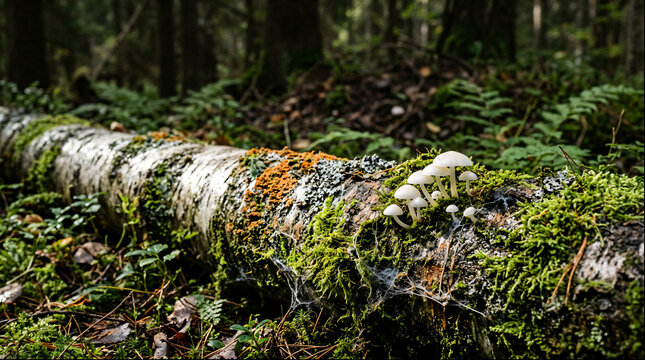 Fallen birch log with mushrooms moss and lichens on forest floor