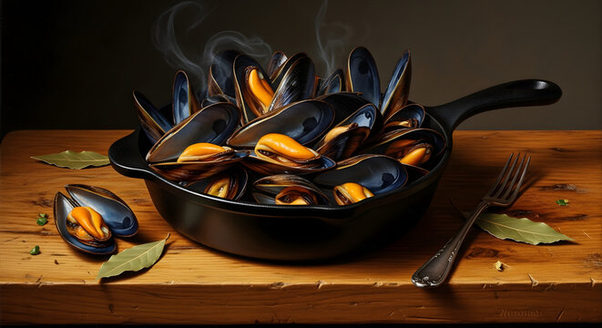 Steaming fresh mussels in a black skillet on wooden table