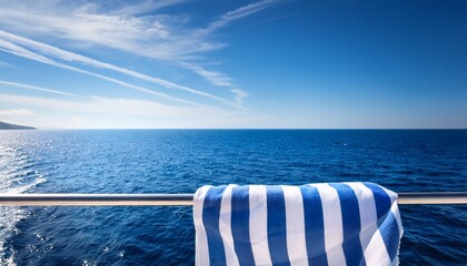 blue and white striped towel fluttering over a boat railing with a blue sea in the background concept nautical photo seascape wind swept towel blue and white color palette boat railing scene © Andrea