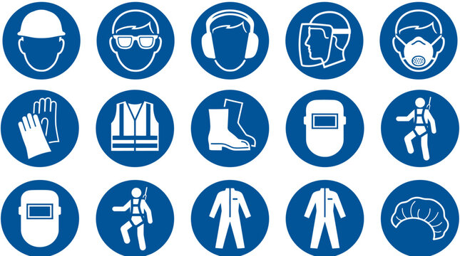 Vector Icons Set of mandatory safety equipment signs and personal protective equipment icons. Vector Illustrations. EPS Editable
