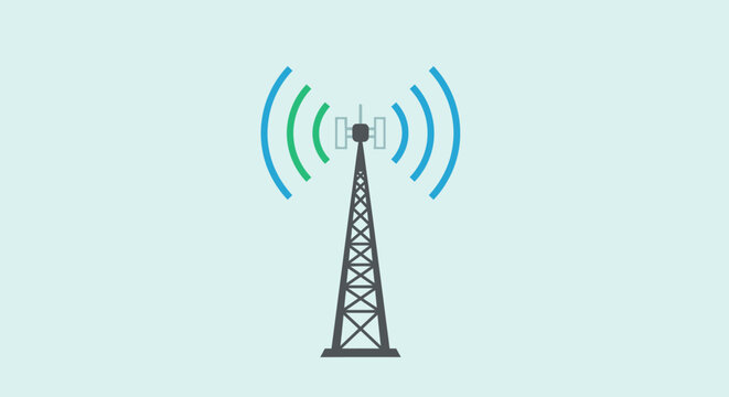 A graphic illustration of a tall communication tower emitting blue and green wireless signal waves against a light blue background.