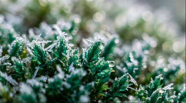 Haircap moss with frost crystals and bokeh background close-up