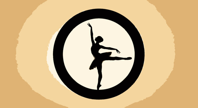 Elegant black silhouette of a ballerina dancing en pointe within a bold black circle on a warm beige background, evoking grace and artistic movement.