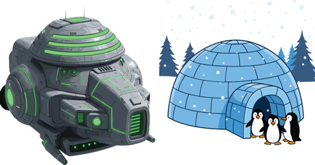 Futuristic sci-fi spaceship and igloo with penguins illustration set, technology and arctic wildlife themed vector collection design © Jahangir
