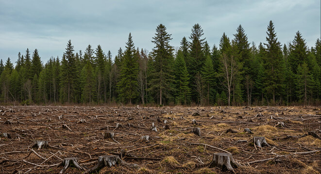 Large clearcut site with tree stumps next to spruce forest edge