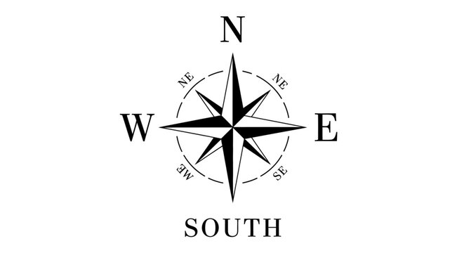 Classic compass rose showing cardinal and intercardinal directions with North, South, East, West clearly marked.
