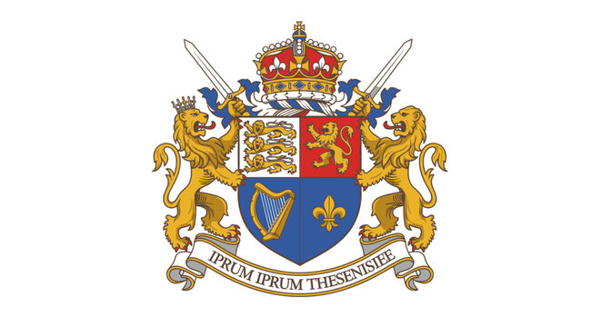 A majestic coat of arms featuring a crowned shield supported by two golden lions, displaying symbols of England, Scotland, Ireland, and France, with crossed swords and a motto banner.