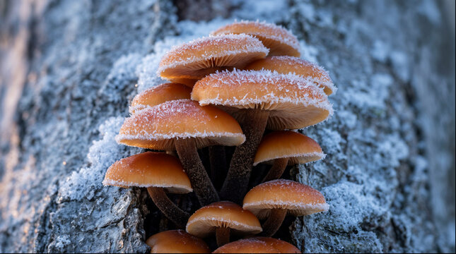 Velvet shank winter mushrooms covered in hoarfrost on tree bark