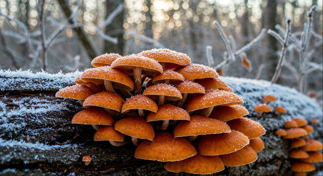 Golden cluster of velvet shank mushrooms on frosty tree in forest