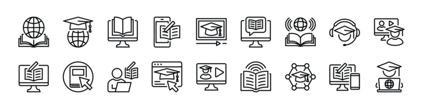E-learning thin line icon set. Contains learning, education, globe, study, reading, writing, teaching, class, online video, courses, web, listening, graduation cap, book, network, internet - Vector