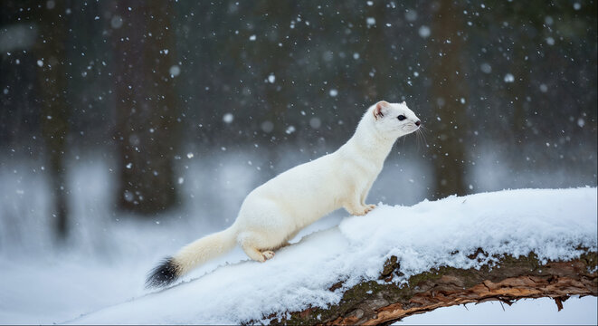 Stoat in white winter coat in snowfall with falling snowflakes