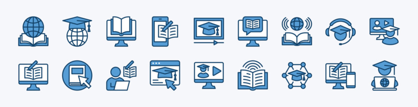 Set of e-learning icon. Contains education, learning, study, globe, reading, writing, teaching, class, online video, courses, web, listening, graduation cap, book, network, internet. Illustration